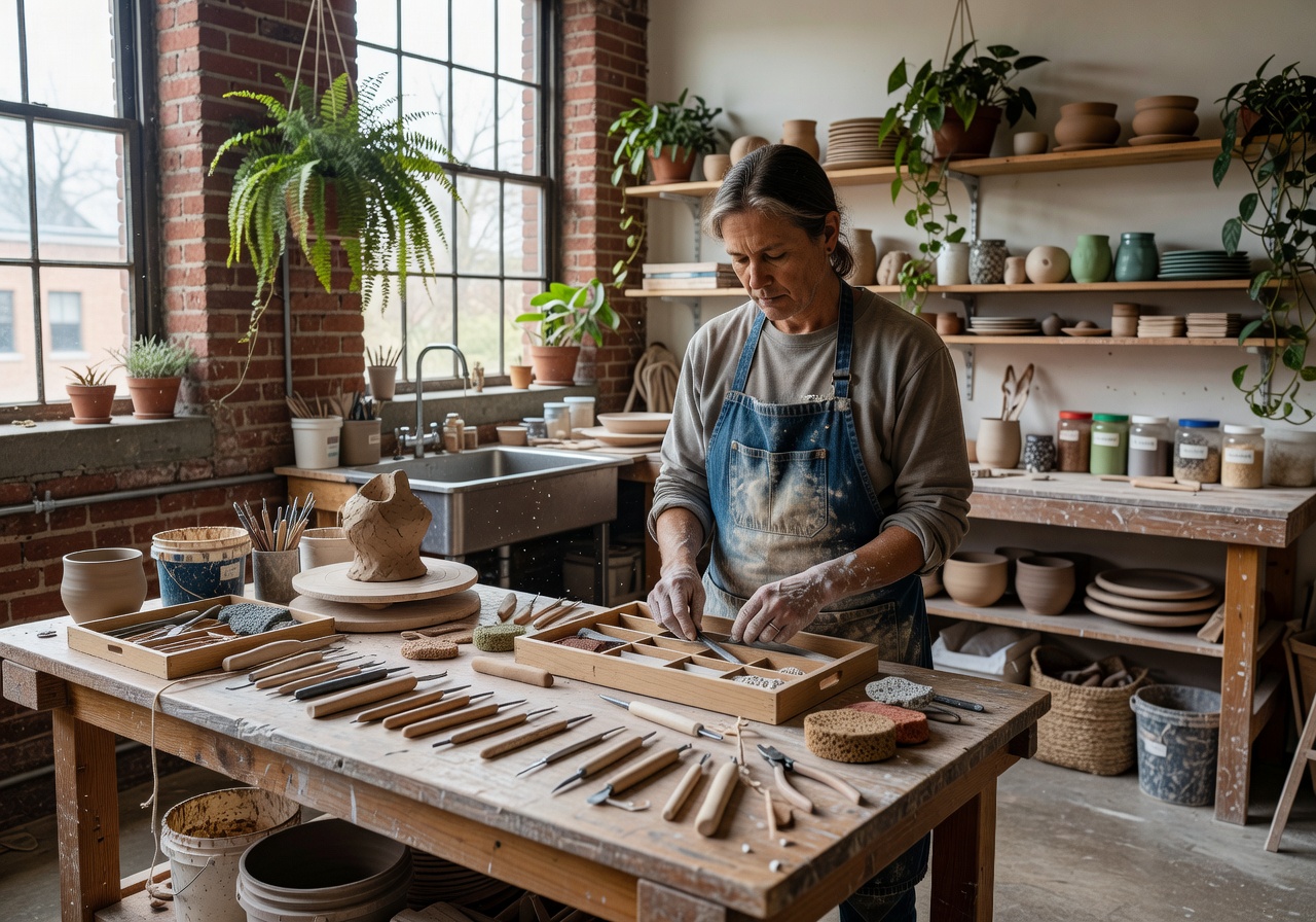 Artist organizing ceramic tools in our Portland creative studio